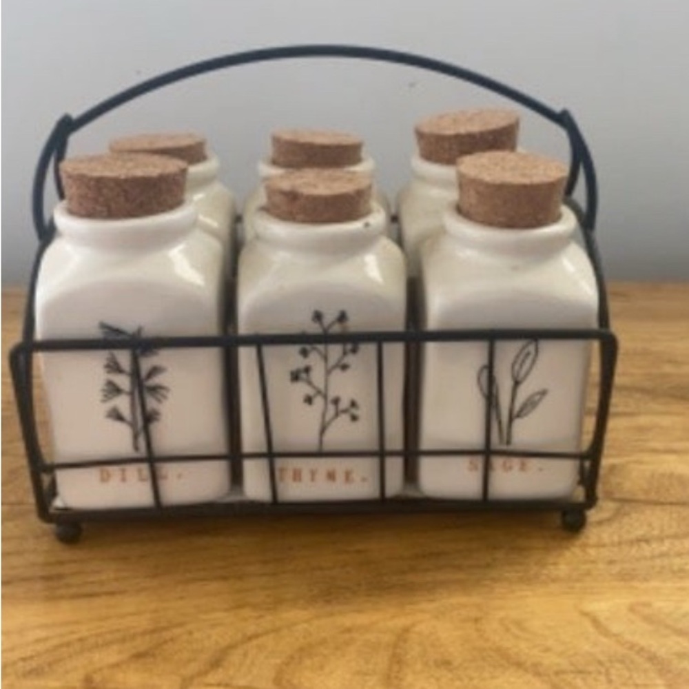 Rae Dunn White Herb Jars with Black Wire Rack